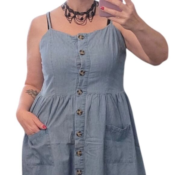 VTG 90s Blue Denim Button Front XL Midi Sundress Jumper with Pockets - Picture 6 of 14